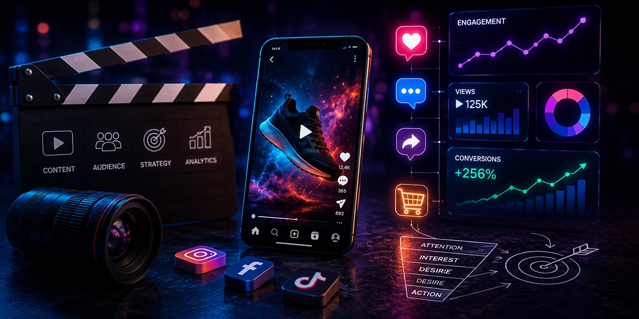 Social media video marketing strategy with analytics dashboard and content creation